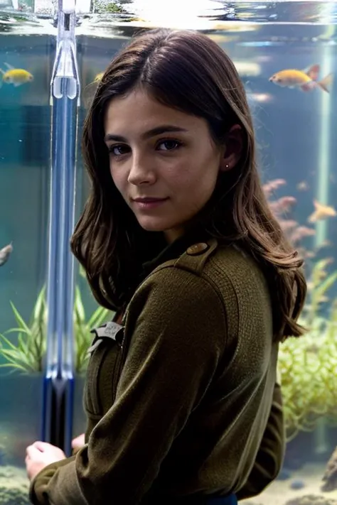 masterpiece, best quality, detailed face <lora:Monica1873Barbaro:1> a woman, 1girl, solo, m1873b,  wearing khaki jumper in aquarium