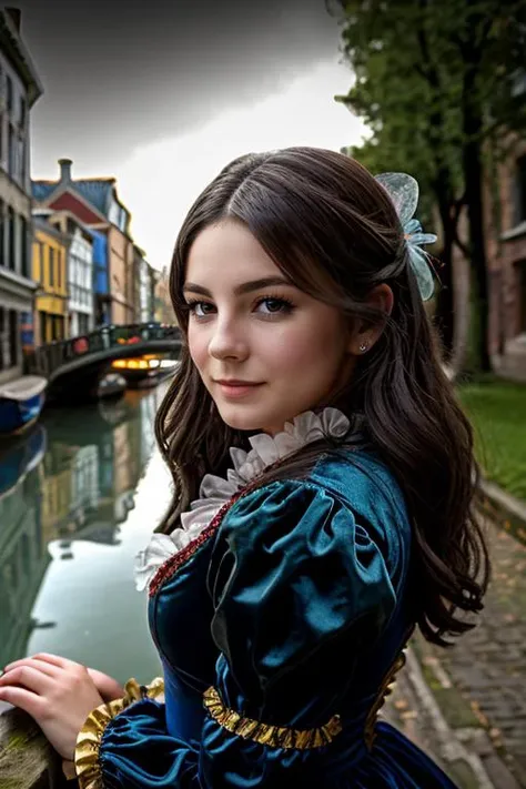 fairy tale costume , canal , night <lora:Monica1873Barbaro:1> masterpiece, best quality, detailed face, 1girl, solo, a woman, m1873b,