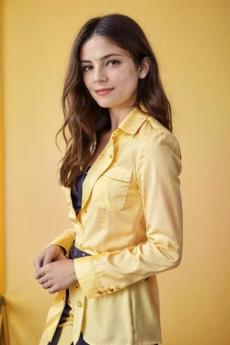 wearing a business suit, Safety Yellow blouse, birthday party <lora:Monica1873Bar:1> a woman, m1873b, solo,