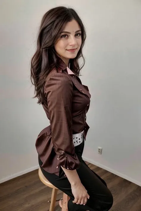 wearing a business suit, dark chocolate blouse,  birthday party  <lora:Monica1873Bar:1> a woman, m1873b, solo,