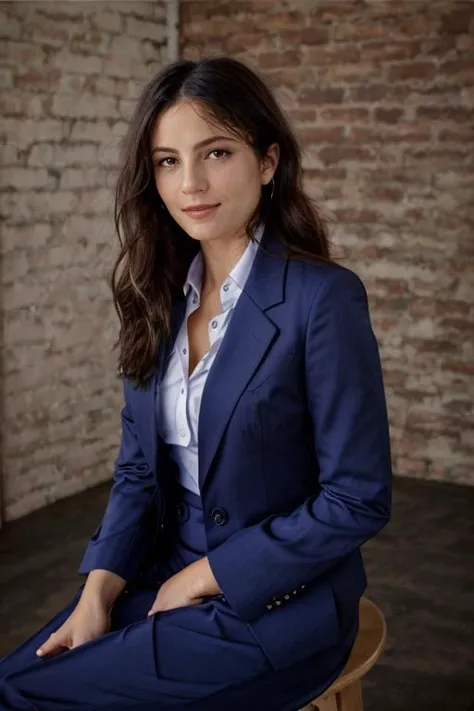 wearing a business suit, Tennis Court Blue blouse,  birthday party  <lora:Monica1873Bar:1> a woman, m1873b, solo,