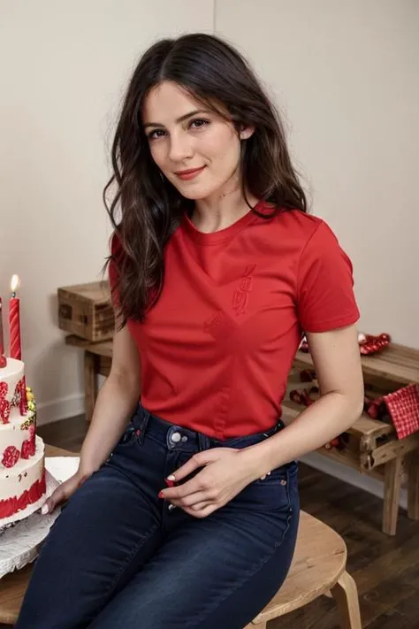 wearing a Bright Red tshirt, jeans, birthday party <lora:Monica1873Bar:1> a woman, m1873b, solo,