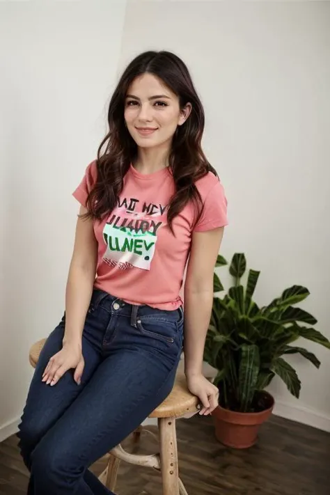 wearing a Watermelon tshirt, jeans, birthday party <lora:Monica1873Bar:1> a woman, m1873b, solo,