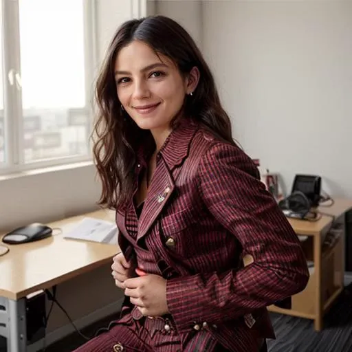<lora:Monica1873Bar:0.9> a woman, m1873b, solo, wearing blouse, waistcoat,. jacket, trousers, in an office, wavy hair, smile