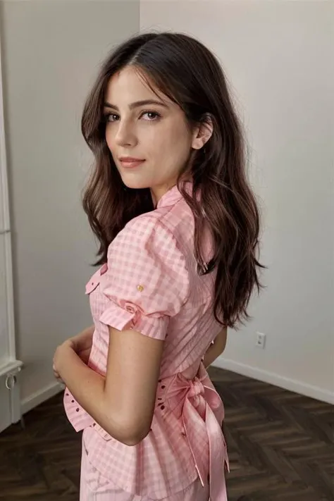 Lily Collins on a balcony dressed in light clothing and smiling