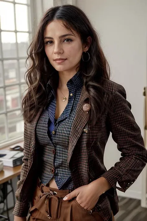 <lora:Monica1873Bar:0.9> a woman, m1873b, solo, wearing blouse, waistcoat,. jacket, trousers, in an office, wavy hair,