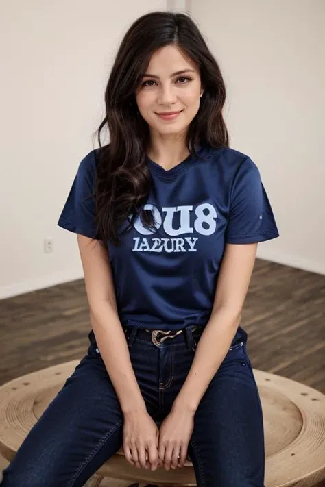 wearing a azure tshirt, jeans, birthday party <lora:Monica1873Bar:1> a woman, m1873b, solo,