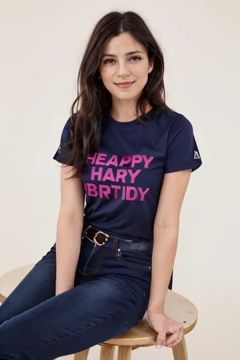 wearing a Cerise tshirt, jeans, birthday party <lora:Monica1873Bar:1> a woman, m1873b, solo,