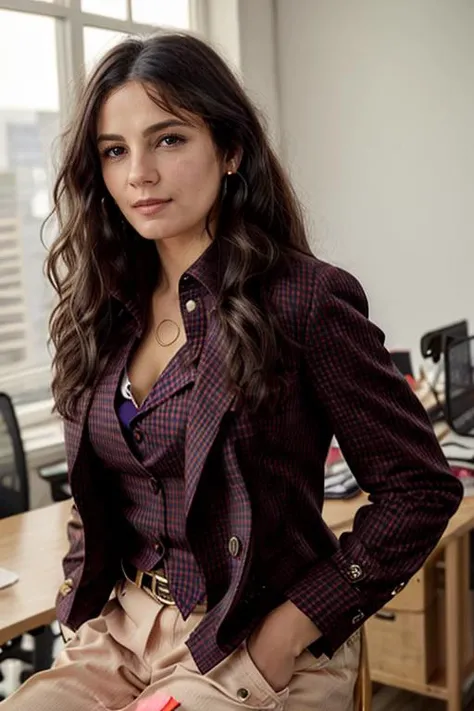 <lora:Monica1873Bar:0.9> a woman, m1873b, solo, wearing blouse, waistcoat,. jacket, trousers, in an office, wavy hair,