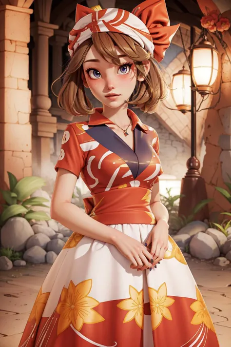 (masterpiece, best quality),  intricate details, 
1girl,  solo, 
 <lora:3DMM_V6:0.8> 3DMM,    < <lora:BondageOutfitV1:0.8>  cowboy shot, looking at viewer,   <lora:MayRSELora:0.8> may \(pokemon\),  brown hair, red bandana, 
 <lora:OiranGown:0.8> [:edgOiran_makeup,edgOiran_hairstyle,perfect edgOiran_face::0.5], beautiful edgOiran_woman, [kimono|dress], (wearing a ballgown:1.25),