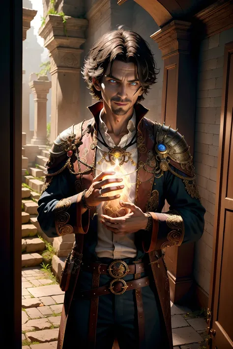 (best quality:1.4), (masterpiece:1.2), detailed, intricate, highres,
"Deep within the labyrinthine ruins of an ancient civilization, a warlock of great knowledge sought to uncover the secrets of an artifact that could unravel the very fabric of reality. He has glowing eyes and is using his mystical powers to uncover the hidden chambers of the ruins and unlock the artifact's secrets."
,Subsurface Scattering,Ultra Realistic,Volumetric Lighting,
,HDR, Highly Detailed, 4K, absurdres, <lora:aToZovyaRPGArtists_sd15V1:0.51>, <lora:lightAndShadow_v10:0.21>