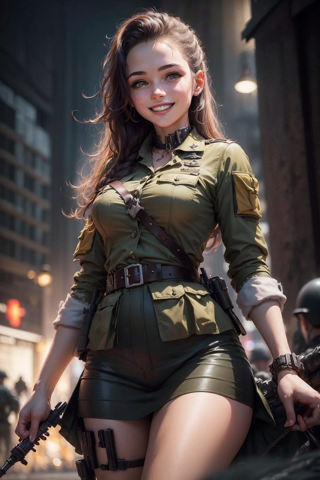 (best quality:1.6), (masterpiece:1.2), highres, detailed, intricate, (detailed battlefield night:1.4), ( beautiful  woman:1.2), smiling, hand grenade, from below