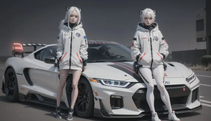 afternoon, 1 girl standing by car, cars, tiger ears, space suit, white hair, glowing eyes, very detailed, glowing lights, cool car, honda car, japan, jdm, car under glow, better hands, better feet, (center frame), hires, better face features,