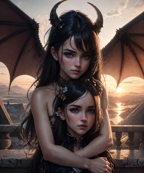 (dark shot:1.4), 80mm, 2girls, upper body portrait of two beautiful 21yo succubus females with horns and dragon wings hugging on a castle balcony at sunset, looking at viewer, piercing gaze, sensual, lust, demongirl, dragongirl, succubus, horns, dragon wings, scales, mystical, surreal, colorful, detailed face, detailed skin, 8K UHD, ultra wide angle, hyperrealism, hyper detailed, centered, evening, light layer, soft light, sharp, exposure blend, bokeh, (hdr:1.2), high contrast, (cinematic:0.85), (hyperdetailed:1.2),, masterpiece,best quality,CG,wallpaper,HDR,high quality,high-definition,extremely detailed, [[3d, blender]], rim light, cinematic, subsurface scattering,