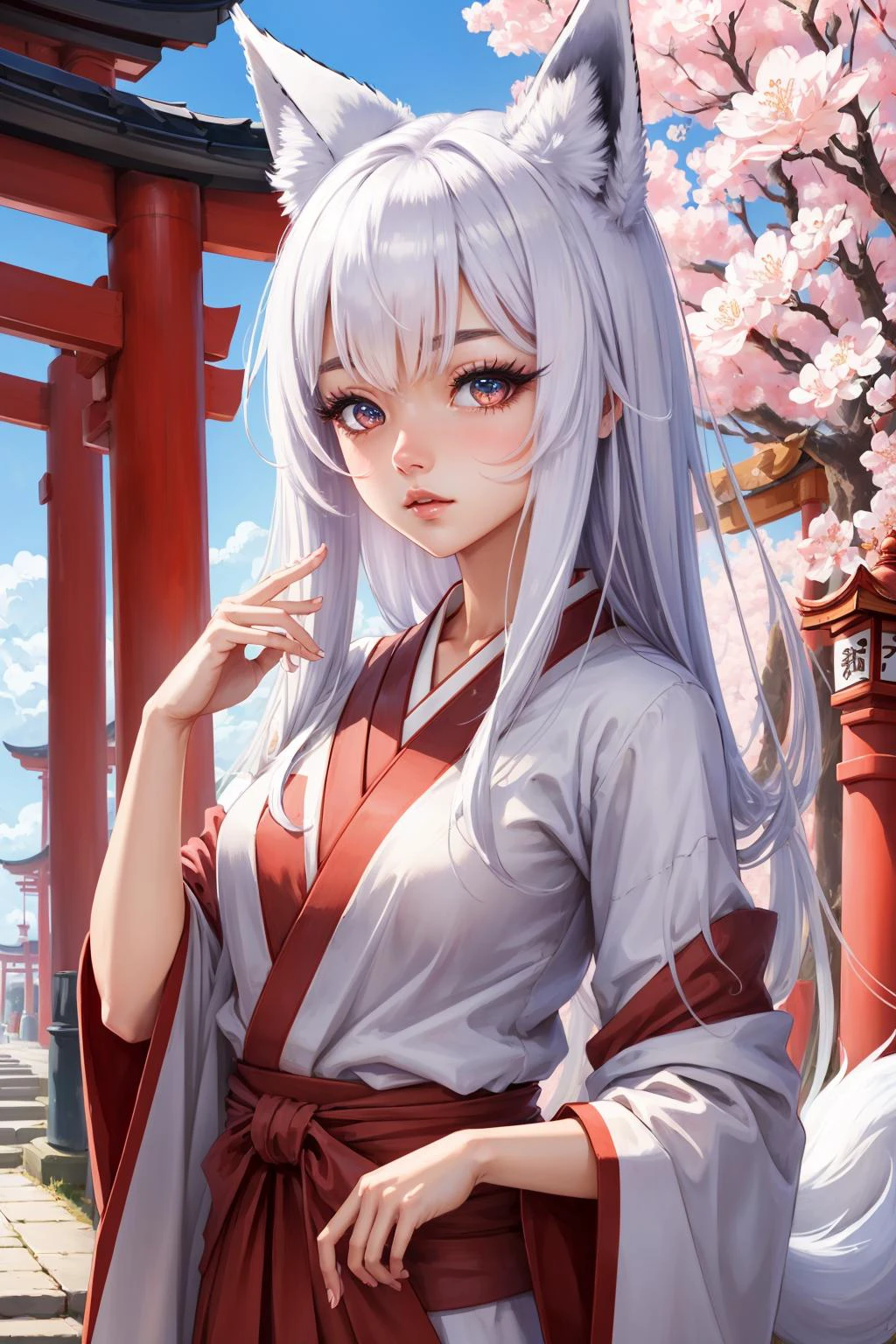 ((best quality)), ((masterpiece)), (detailed), high res,
1girl, solo,
fox girl, medium breasts,
white hair, red eyes, detailed face, long eyelashes, sharp eyes, beautiful eyes, detailed eyes,
detailed background, japanese temple, red torii, sakura trees, sakura bloom,