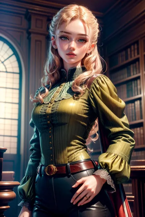 (1girl, 1person), (insanely detailed and intricate, hyperrealistic,  upper body portrait), an (Elegant European (female in her Early twenties with a  Petite body):1.3), (Flirty, flipped-out ends hairstyle), (natural colored eyes:1.15), (wearing Long-sleeve blouse and trousers:1.4), (Majestic library with spiral staircase:1.225), (imperfect skin, (extremely detailed skin,beauty marks:1.25)), Bloom,Bokeh, Cinematic, Film Grain, Ray Tracing Reflections, Chromatic Aberration, hypermaximalist, elegant, hyper realistic, super detailed, <lora:epiNoiseoffset_v2:1>,  <lora:add_detail:1>