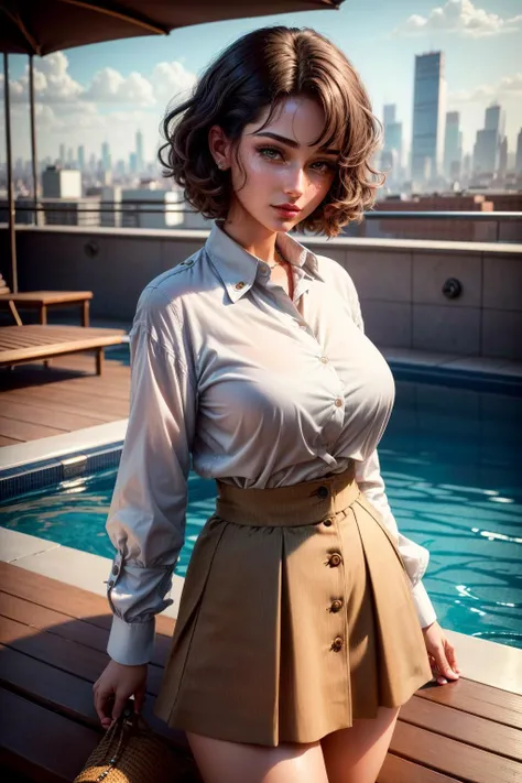 (1girl, 1person), (insanely detailed and intricate, hyperrealistic, upper body portrait), an (Splendid European (female in her Mid-forties with a Willowy body):1.3), (Faux bob hairstyle), (natural colored eyes:1.15), (wearing Button-down shirt and skirt:1.4), (Urban rooftop pool with city views:1.225), (imperfect skin, (extremely detailed skin,beauty marks:1.25)), Bloom,Bokeh, Cinematic, Film Grain, Ray Tracing Reflections, Chromatic Aberration, hypermaximalist, elegant, hyper realistic, super detailed, <lora:epiNoiseoffset_v2:1>, <lora:add_detail:1>
