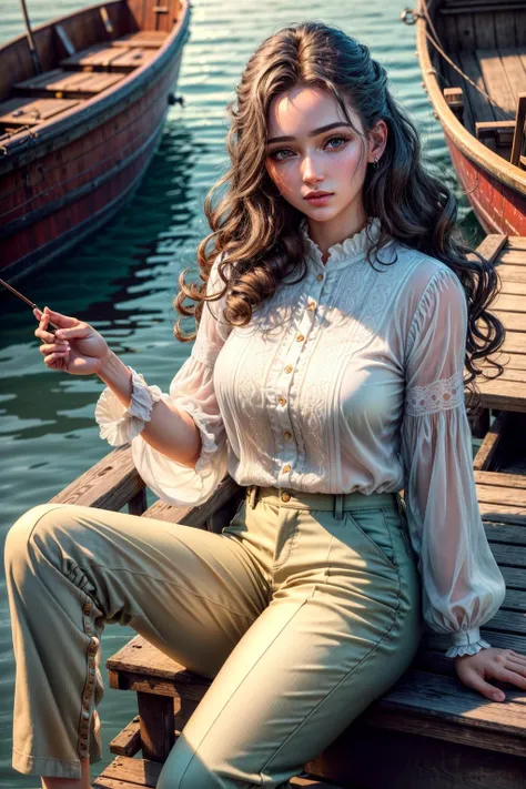 (1girl, 1person), (insanely detailed and intricate, hyperrealistic, upper body portrait), an (Angelic European (female in her Late twenties with a Soft body):1.3), (Tapered curls hairstyle), (natural colored eyes:1.15), (wearing Ankle-length trousers and a blouse:1.4), (Foggy harbor with old fishing boats:1.225), (imperfect skin, (extremely detailed skin,beauty marks:1.25)), Bloom,Bokeh, Cinematic, Film Grain, Ray Tracing Reflections, Chromatic Aberration, hypermaximalist, elegant, hyper realistic, super detailed, <lora:epiNoiseoffset_v2:1>, <lora:add_detail:1>