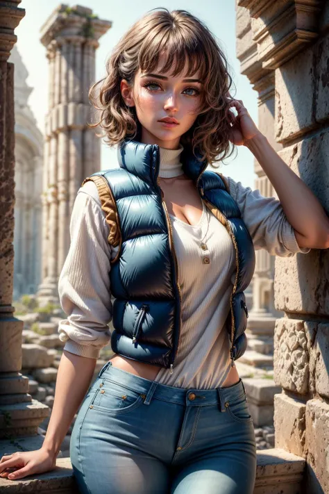 (1girl, 1person), (insanely detailed and intricate, hyperrealistic, upper body portrait), an (Alluring European (female in her Early thirties with a Slender body):1.3), (Wavy lob with curtain bangs hairstyle), (natural colored eyes:1.15), (wearing Puffer vest and jeans:1.4), (Ancient ruins with weathered stone:1.225), (imperfect skin, (extremely detailed skin,beauty marks:1.25)), Bloom,Bokeh, Cinematic, Film Grain, Ray Tracing Reflections, Chromatic Aberration, hypermaximalist, elegant, hyper realistic, super detailed, <lora:epiNoiseoffset_v2:1>, <lora:add_detail:1>