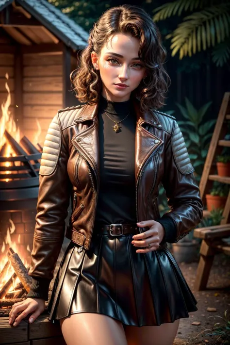 (1girl, 1person), (insanely detailed and intricate, hyperrealistic, upper body portrait), an (Delightful European (female in her Early forties with a Lean body):1.3), (Finger waves hairstyle), (natural colored eyes:1.15), (wearing Leather jacket and skirt:1.4), (Rustic campsite with crackling fire pit:1.225), (imperfect skin, (extremely detailed skin,beauty marks:1.25)), Bloom,Bokeh, Cinematic, Film Grain, Ray Tracing Reflections, Chromatic Aberration, hypermaximalist, elegant, hyper realistic, super detailed, <lora:epiNoiseoffset_v2:1>, <lora:add_detail:1>