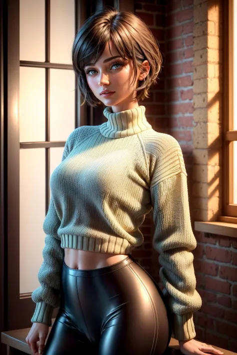 (1girl, 1person), (insanely detailed and intricate, hyperrealistic, upper body portrait), an (Irresistible European (female in her Mid-thirties with a Petite body):1.3), (Shaggy pixie cut hairstyle), (natural colored eyes:1.15), (wearing Sweater and leggings:1.4), (Modern loft apartment with exposed brick:1.225), (imperfect skin, (extremely detailed skin,beauty marks:1.25)), Bloom,Bokeh, Cinematic, Film Grain, Ray Tracing Reflections, Chromatic Aberration, hypermaximalist, elegant, hyper realistic, super detailed, <lora:epiNoiseoffset_v2:1>, <lora:add_detail:1>