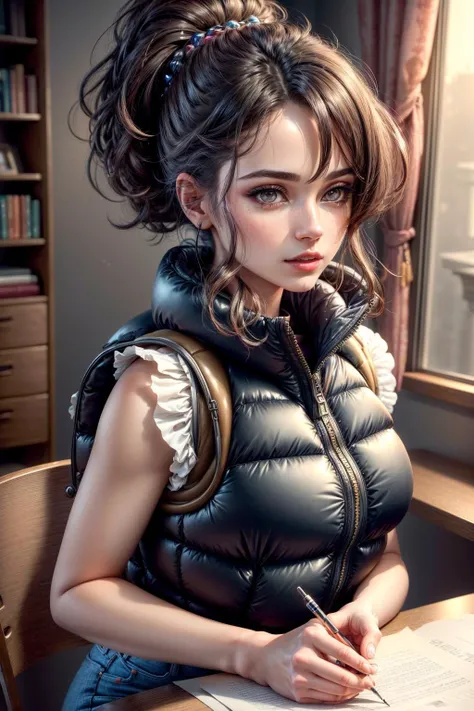 (1girl, 1person), (insanely detailed and intricate, hyperrealistic, upper body portrait), an (Bewitching European (female in her Mid-thirties with a Narrow-hipped body):1.3), (Sultry wet-look style hairstyle), (natural colored eyes:1.15), (wearing Puffer vest and jeans:1.4), (Bustling newsroom with paper-strewn desks:1.225), (imperfect skin, (extremely detailed skin,beauty marks:1.25)), Bloom,Bokeh, Cinematic, Film Grain, Ray Tracing Reflections, Chromatic Aberration, hypermaximalist, elegant, hyper realistic, super detailed, <lora:epiNoiseoffset_v2:1>, <lora:add_detail:1>