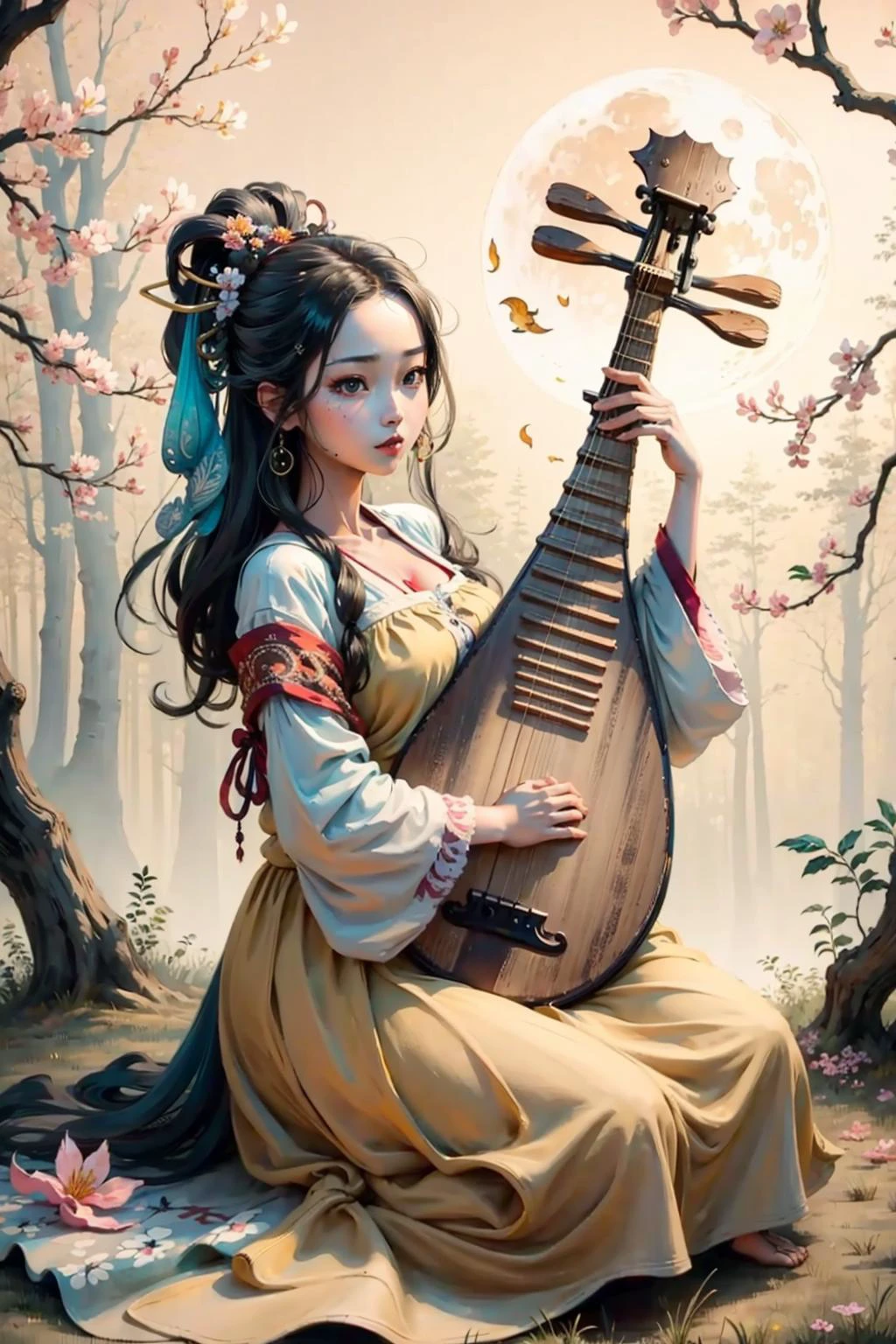 {high quality}, masterpiece, colorful ink painting,
cute face, beautiful, <lora:storyboard:0.8>,
1girl, (playing_pipa, holding pipa), big breasts, moon, best quality, 8k, close up, sitting, <lora:pipa_v1a:0.73>