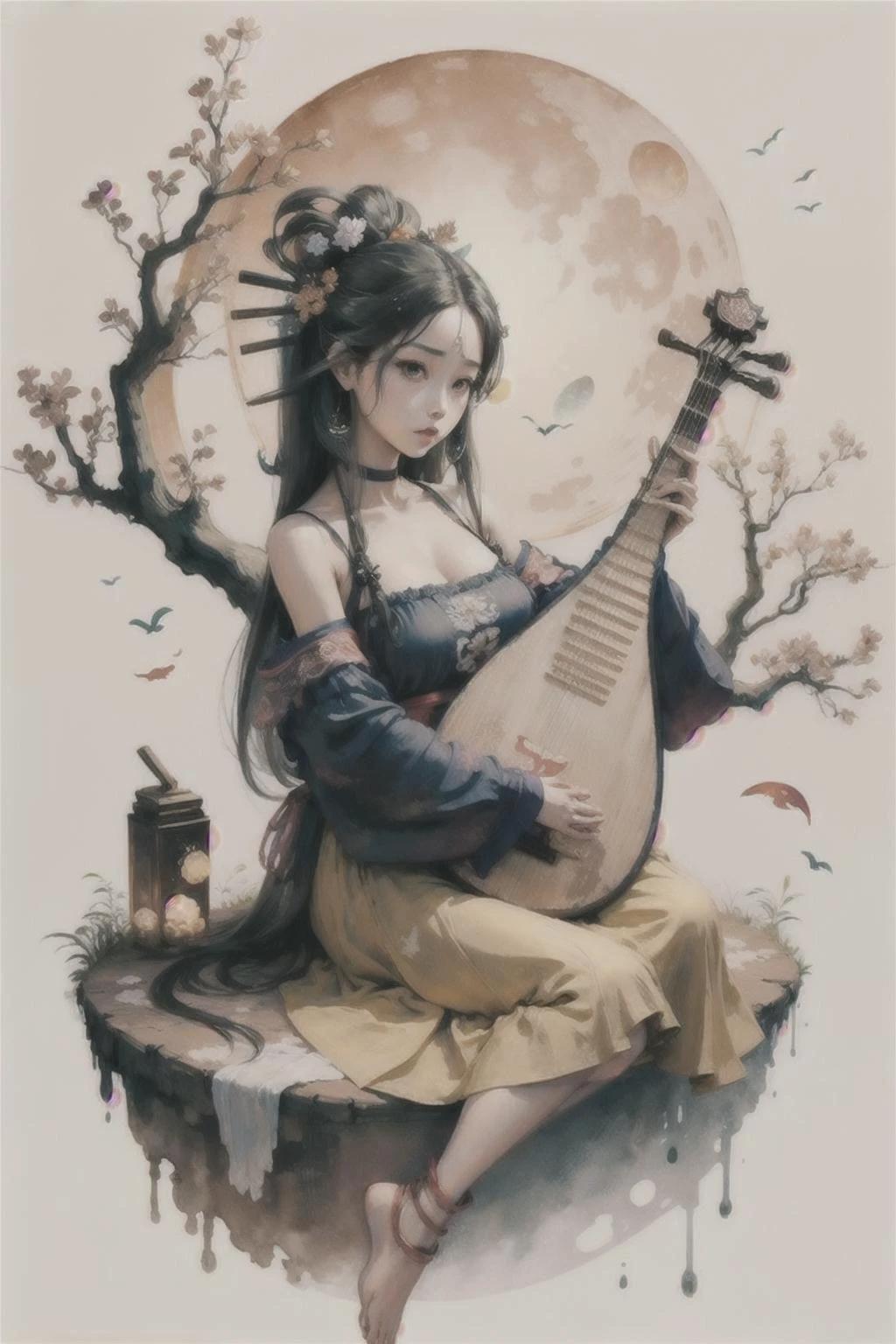 {high quality}, masterpiece, colorful ink painting,
cute face, beautiful, <lora:storyboard:0.8>,
1girl, (playing_pipa, holding pipa), big breasts, moon, best quality, 8k, close up, sitting, <lora:pipa_v1a:0.73>, long straight hair
