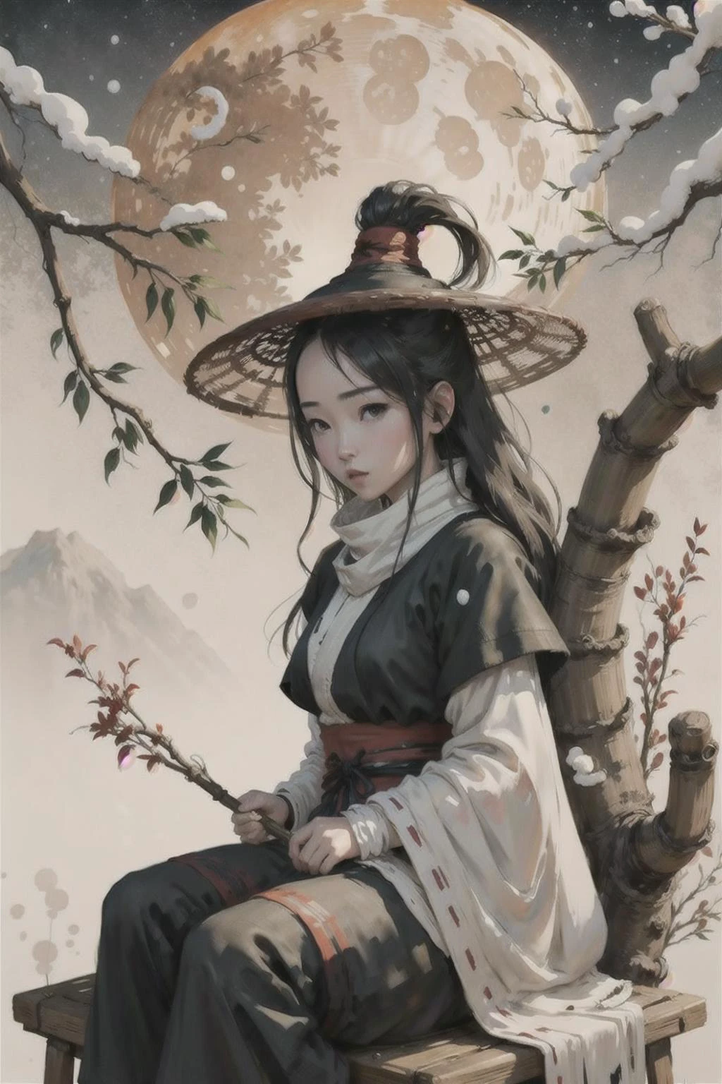 {high quality}, masterpiece, colorful ink painting,
cute face, beautiful, <lora:storyboard:0.8>,
1girl , sitting, snow, bamboo_hat, moon,
<lora:bamboohat_v2:0.6>