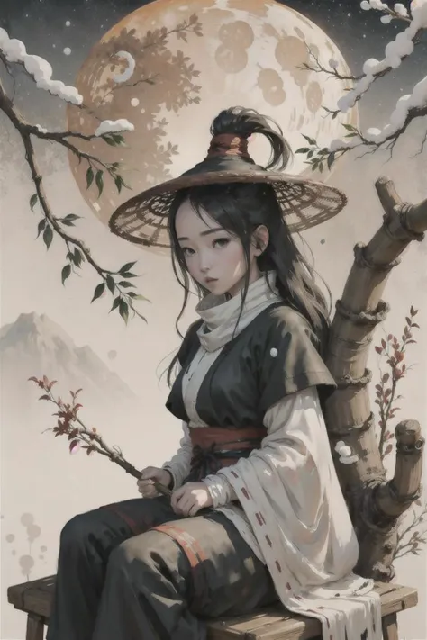 {high quality}, masterpiece, colorful ink painting,
cute face, beautiful,  <lora:storyboard:0.8>,
1girl , sitting,  snow,  bamboo_hat, moon, 
 <lora:bamboohat_v2:0.6>