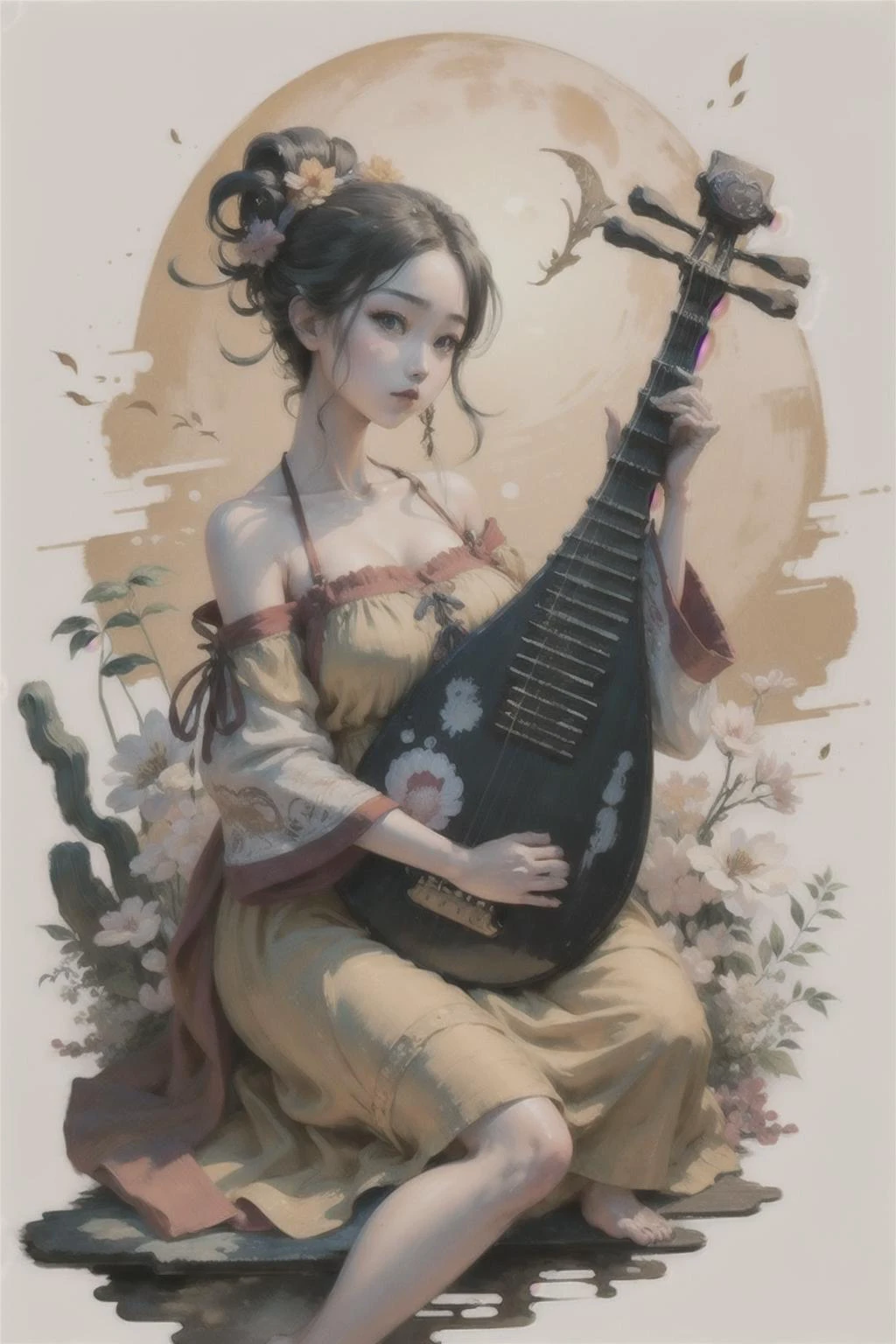 {high quality}, masterpiece, colorful ink painting,
cute face, beautiful, <lora:storyboard:0.8>,
1girl, (playing_pipa, holding pipa), big breasts, moon, best quality, 8k, close up, sitting, <lora:pipa_v1a:0.73>