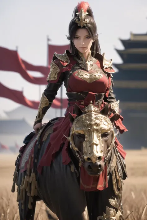 Riding on the back of a (horse:1.2) with a gold helmet and a red ribbon,
in front of a group of people in armor ,in a field with flags in the background,a line of red flags and a building,
red outfit,shoulder_armor,armor,armored dress, armored boots,red_cape,high_collar,a helmet on her head,
<lora:Dragon_Conquerors_Blade-KK77-V1:0.7>,holding_weapon,spear,realistic, thighhighs,,
bangs,black_hair,brown_eyes,long_hair,turtleneck,
1 girl, 20yo,mature female,Beautiful Finger,Beautiful long legs,Beautiful body,Beautiful Nose,Beautiful character design, perfect eyes, perfect face,
looking at viewer, 
NSFW,official art,extremely detailed CG unity 8k wallpaper, perfect lighting,Colorful, Bright_Front_face_Lighting,
(masterpiece:1.0),(best_quality:1.0), ultra high res,4K,ultra-detailed,
photography, 8K, HDR, highres, absurdres:1.2, Kodak portra 400, film grain, blurry background, bokeh:1.2, lens flare, (vibrant_color:1.2)
(Beautiful,large_Breasts:1.4), (beautiful_face:1.5),(narrow_waist),