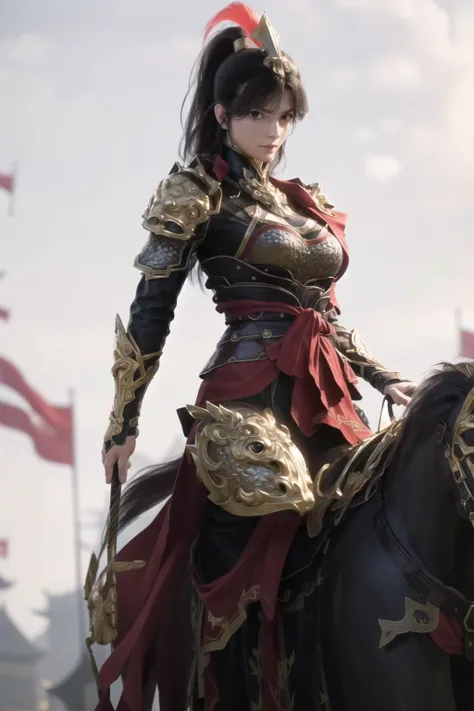 Riding on the back of a horse with a gold helmet and a red ribbon,
in front of a group of people in armor ,in a field with flags in the background,a line of red flags and a building,
red outfit,shoulder_armor,armor,armored dress, armored boots,red_cape,high_collar,a helmet on her head,
<lora:Dragon_Conquerors_Blade-KK77-V1:0.7>,holding_weapon,spear,realistic, thighhighs,,
bangs,black_hair,brown_eyes,long_hair,turtleneck,
1 girl, 20yo,mature female,Beautiful Finger,Beautiful long legs,Beautiful body,Beautiful Nose,Beautiful character design, perfect eyes, perfect face,
looking at viewer,
NSFW,official art,extremely detailed CG unity 8k wallpaper, perfect lighting,Colorful, Bright_Front_face_Lighting,
(masterpiece:1.0),(best_quality:1.0), ultra high res,4K,ultra-detailed,
photography, 8K, HDR, highres, absurdres:1.2, Kodak portra 400, film grain, blurry background, bokeh:1.2, lens flare, (vibrant_color:1.2)
(Beautiful,large_Breasts:1.4), (beautiful_face:1.5),(narrow_waist),