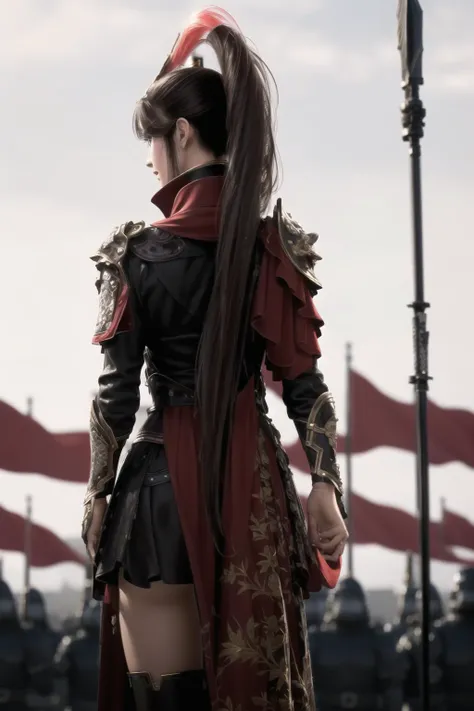 (from_behind),
Standing in front of a group of people in armor ,in a field with flags in the background,a line of red flags and a building,
red outfit,shoulder_armor,armor,armored dress, armored boots,red_cape,high_collar,a helmet on her head,
<lora:Dragon_Conquerors_Blade-KK77-V1:0.7>,holding_weapon,spear,realistic, thighhighs,,
bangs,black_hair,brown_eyes,long_hair,turtleneck,
1 girl, 20yo,mature female,Beautiful Finger,Beautiful long legs,Beautiful body,Beautiful Nose,Beautiful character design, perfect eyes, perfect face,
looking at viewer,
NSFW,official art,extremely detailed CG unity 8k wallpaper, perfect lighting,Colorful, Bright_Front_face_Lighting,
(masterpiece:1.0),(best_quality:1.0), ultra high res,4K,ultra-detailed,
photography, 8K, HDR, highres, absurdres:1.2, Kodak portra 400, film grain, blurry background, bokeh:1.2, lens flare, (vibrant_color:1.2)
(Beautiful,large_Breasts:1.4), (beautiful_face:1.5),(narrow_waist),