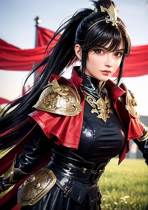 (realistic, photo-realistic:1.37),girl in black outfit, shoulder_armor, armor, armored dress, armored boots,cape,high_collar,a helmet on him head,holding_weapon, spear, realistic, thighhighs,, bangs,black_hair,brown_eyes,(pony tail hair),turtleneck, ((1 girl)), 20yo,(female), (cute),<lora:Dragon_Conquerors_Blade-KK77-V1:0.6>,EAV P, looking to the side ,in a field with flags in the background, (holding sword),medium breast,(((solo)))<lora:asianGirlsFace_v1:0.4>