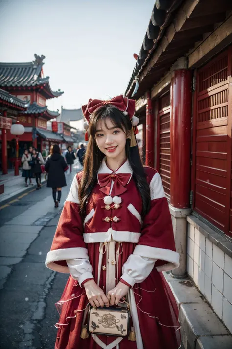 best quality, masterpiece, photorealistic, realistic, 1girl, solo, looking at viewer, grin, cowboy shot, long black hair, straight hair, bangs, arms at side, blunt bangs, standing, cyb dress, layered dress, long sleeves, hair bow, frilled dress, overcoat, bowtie, lantern, rich detailed, spring festival, snowfall, retro architecture streets, pedestrians, chinese antique, traditional chinese architecture, people, <lora:chinese_new_year_dress_style1_v1:0.7>