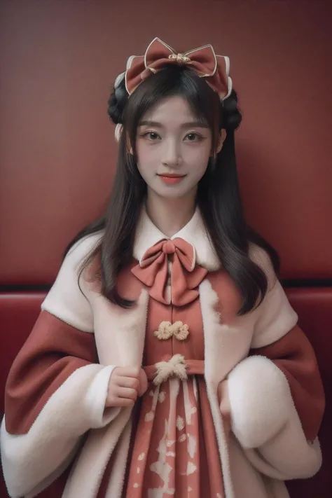 best quality, masterpiece, Highly detailed, extreme detail description, Professional, 1girl, <lora:neg4all_bdsqlsz_V3.5:1>, photo \(medium\), <lora:PAseer-SD15-LCM Quick:1>, <lora:ip-adapter-faceid-plusv2_sd15_lora:1>, <lora:chinese_new_year_dress_style1_v1:1:lbw=CLOTH>, cyb dress, layered dress, long sleeves, hair bow, frilled dress, overcoat, bowtie,