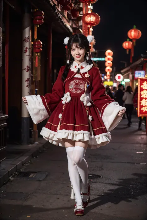 best quality, masterpiece, realistic, photorealistic, 1girl, solo, looking at viewer, light smile, full body, low twintails, bangs, cyb dress, chinese clothes, frilled dress, wide sleeves, long sleeves, white thighhighs, shoes, chinese town, ancient chinese building, chinese street, people, chinese new year, chinese lantern, spring festival, <lora:chinese_new_year_dress_style2_v1:0.7>