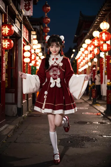best quality, masterpiece, realistic, photorealistic, 1girl, solo, looking at viewer, light smile, full body, low twintails, bangs, cyb dress, chinese clothes, frilled dress, wide sleeves, long sleeves, white thighhighs, shoes, chinese town, ancient chinese building, chinese street, people, chinese new year, chinese lantern, spring festival, <lora:chinese_new_year_dress_style2_v1:0.7>