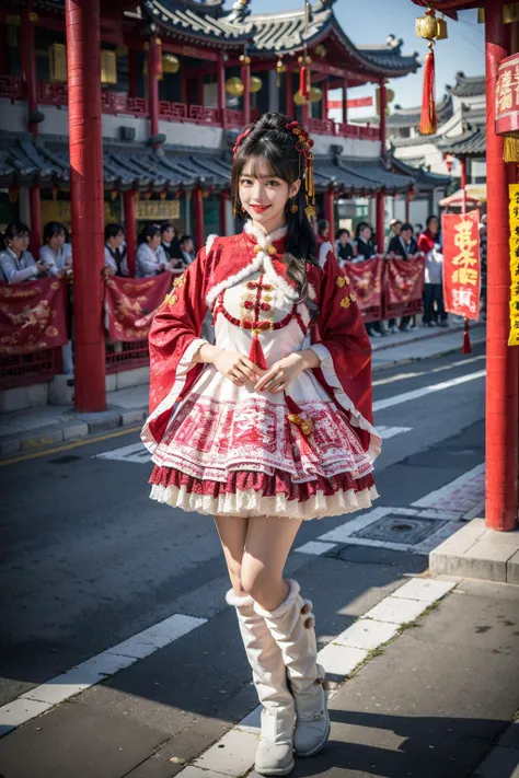 best quality, masterpiece, realistic, photorealistic, 1girl, solo, looking at viewer, light smile, full body, standing, long hair, black hair, bangs, cyb dress, chinese clothes, long sleeves, capelet, frills, frilled dress, wide sleeves, white boots, chinese town, ancient chinese building, chinese street, people, chinese new year, chinese lantern, spring festival, <lora:chinese_new_year_dress_style3_v3:0.7>