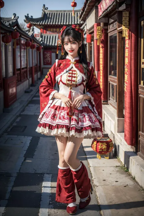 best quality, masterpiece, realistic, photorealistic, 1girl, solo, looking at viewer, light smile, full body, standing, long hair, black hair, bangs, cyb dress, chinese clothes, long sleeves, capelet, frills, frilled dress, wide sleeves, high heels, chinese town, ancient chinese building, chinese street, people, chinese new year, chinese lantern, spring festival, <lora:chinese_new_year_dress_style3_v3:0.7>