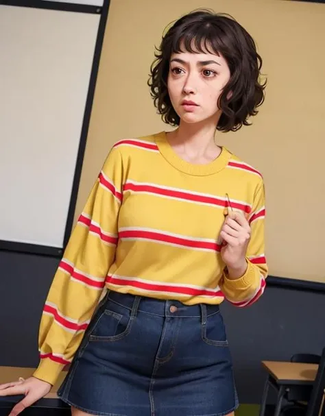 photo of a adult woman, annoyed expressions,(annoyed eyes), frowning lips, ((looking away)), short hair,messy hair, ((japanese classroom)), (yellow striped long sleeve sweater), (denim skirt), teacher P5_Kawakami, centered,masterpiece, expressive eyes,best quality, highres,(hyperrealism:1.5), extremely detailed eyes,extremely detailed,perfect face,perfect eyes,body,hands, (in frame), (cowboy shot), <lora:P5_Kawakami:.6>