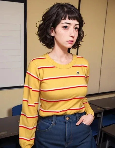 photo of a adult woman, annoyed expressions,(annoyed eyes), frowning lips, ((looking away)), short hair,messy hair, ((japanese classroom)), (yellow striped long sleeve sweater), (denim skirt), teacher P5_Kawakami, centered,masterpiece, expressive eyes,best quality, highres,(hyperrealism:1.5), extremely detailed eyes,extremely detailed,perfect face,perfect eyes,body,hands, (in frame), (cowboy shot), <lora:P5_Kawakami:.6>