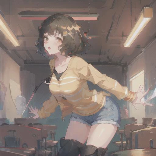 masterpiece, illustration, high quality, highres, volumetric lighting, dynamic angle, 1girl, solo, female focus, curvy, tired, expressions, (yellow striped long sleeves), denim shorts, teacher P5_Kawakami, (classroom)short hair, messy hair, brown eyes, ((Sadayo Kawakami)), <lora:Sadayo Kawakami:0.6>, corneo_spitroast