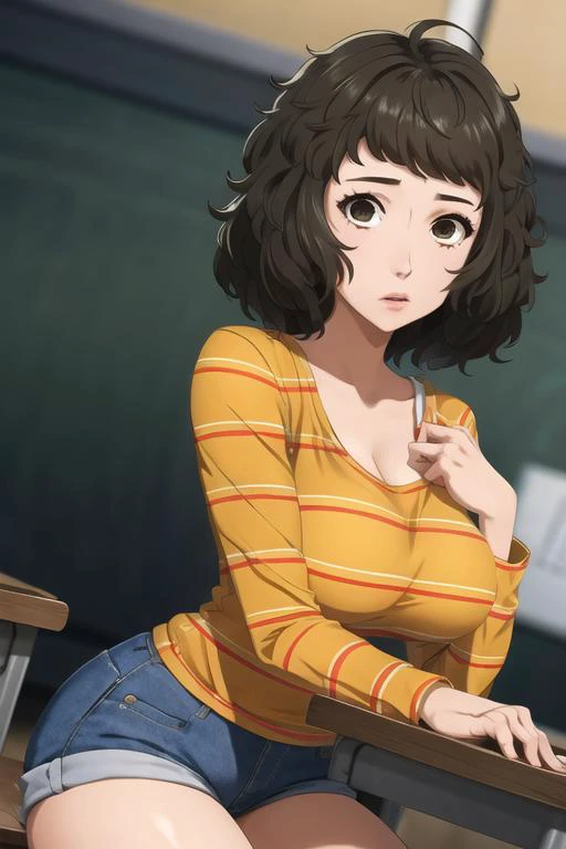 masterpiece, illustration, high quality, highres, volumetric lighting, dynamic angle,
1girl, solo, female focus,
curvy,
tired, expressions,
(yellow striped long sleeves),
denim shorts, teacher
P5_Kawakami,
(classroom)
<lora:persona5PortraitLora_v03:0.05>,
<lora:personaCatherineSoejima_1:0.05>,
short hair, messy hair, brown eyes,
<lora:P5_Kawakami:0.8>,