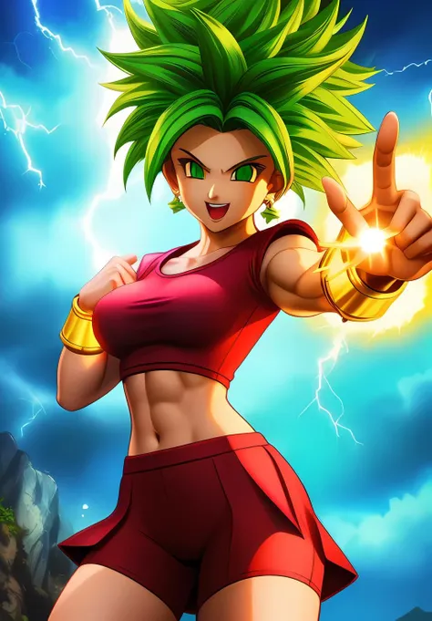 <lora:Kefla:0.8>, Kefla, 1girl, solo, red skirt, bike shorts, red shirt, green hair, smile, glowing eyes, green eyes, aura, thunder, spiked hair, muscular female,, (acclaimed, alluring, captivating, exciting, gorgeous, striking:1.3), (trending on CGSociety, trending on pixiv, contest winner:1.3)