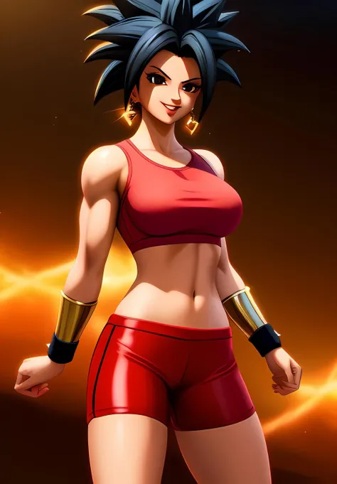 <lora:Kefla:0.8>, Kefla, 1girl, solo, red skirt, bike shorts, red shirt, black hair, smile, spiked hair, muscular female,, (acclaimed, alluring, captivating, exciting, gorgeous, striking:1.3), (trending on CGSociety, trending on pixiv, contest winner:1.3)