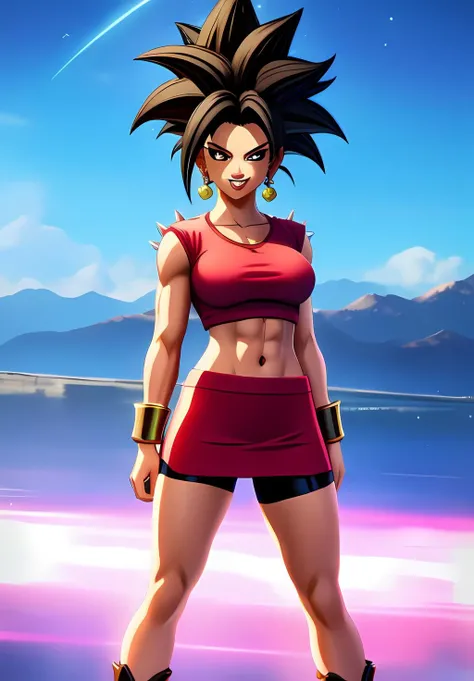<lora:Kefla:0.8>, Kefla, 1girl, solo, red skirt, bike shorts, red shirt, black hair, smile, spiked hair, muscular female,, (acclaimed, alluring, captivating, exciting, gorgeous, striking:1.3), (trending on CGSociety, trending on pixiv, contest winner:1.3)