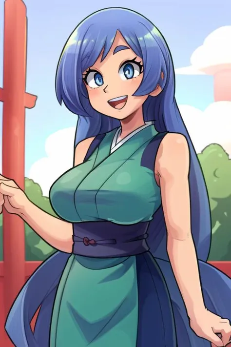 ((best quality)), ((highly detailed)), masterpiece, (detailed eyes, deep eyes), (1girl), upper body, <lora:hairdetailer:.9>, <lora:nejireHadoMHA_v10:.8>, nejire hado, blue eyes, ((periwinkle hair)), long hair, large breasts, :d, (in a Japanese temple, torii, paper lanterns), <lora:EnvyCuteMix05:1.3>