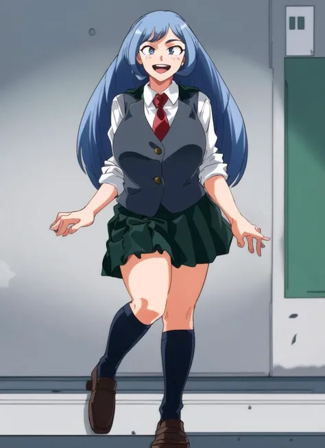 ((best quality)), ((highly detailed)), masterpiece, (detailed eyes, deep eyes), (1girl), full body,<lora:nejireHadoMHA_v10:.9>, nejire hado, blue eyes, ((periwinkle hair)), long hair, large breasts, :D, white shirt, school uniform, green skirt, red tie, grey vest, black socks, brown loafers, u.a. school uniform, <lora:SuoiresnuStyle:.9>, (plain lighting)